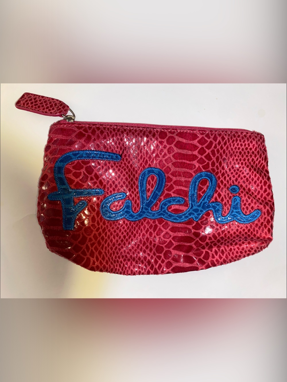 Hot pink Faux-Snake Glossy Cosmetic Pouch with Blue Script